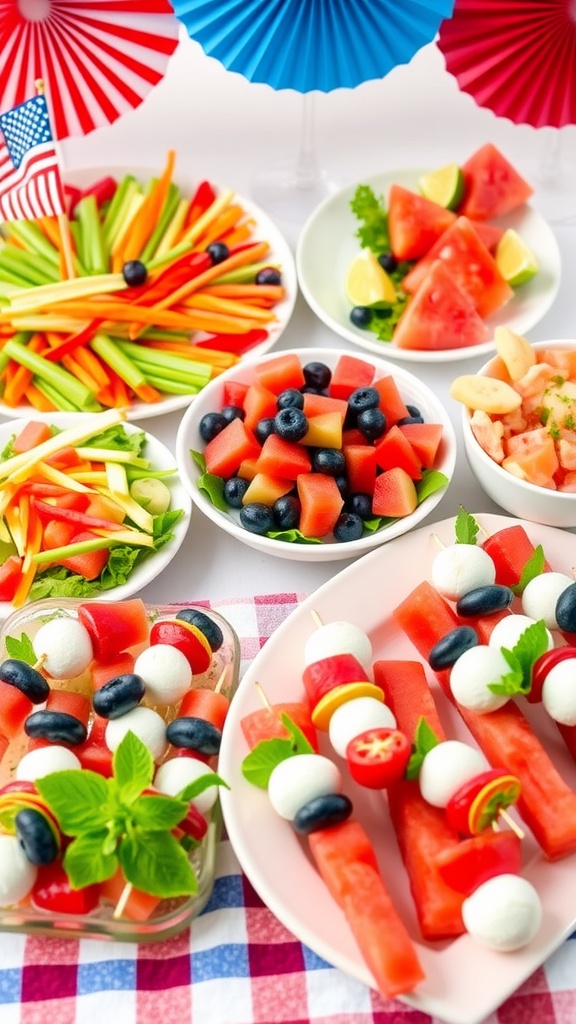 Colorful cold appetizers for a 4th of July gathering including vegetables, fruits, and Caprese skewers.